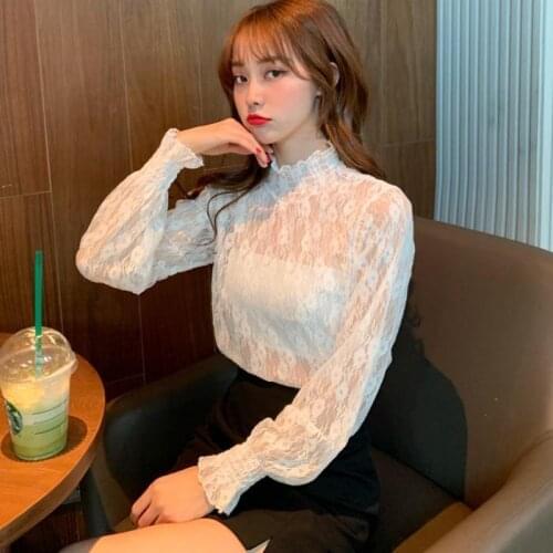 Women Blouse Womens Autumn Top Loose High Collar Lace Chiffon Shirt Blusas Ropa De Mujer