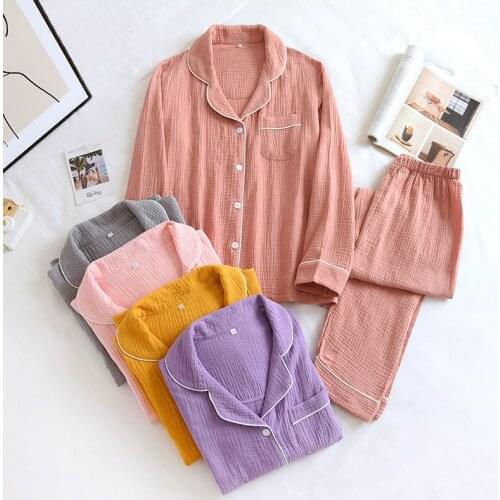 Gauze Cotton Pajamas Women Long-sleeved Long Pants Ladies Spring and Autumn Home Wear Suits Solid Cute Large Size Thin Pajamas