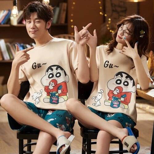 For Women Summer Womens Pajamas 2021 Cotton Short-sleeved Summer Couple Cartoon Pajamas Two-piece Sleepwear Sleep Romper Tops