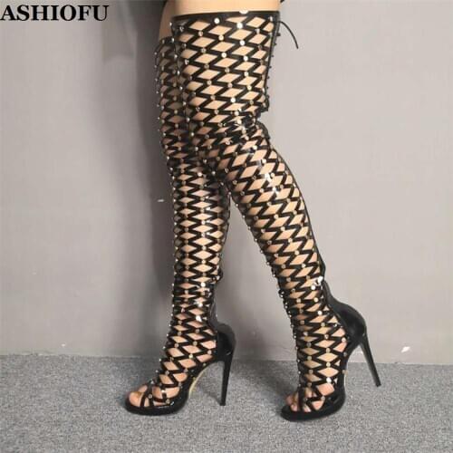 ASHIOFU Handmade Ladies Thigh High Sandals Night-club Real Photos Sexy Party Sandals Classic Evening Fashion Dance Long Sandals