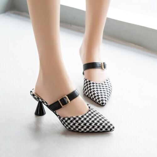 Womens fashion stilettos Pointed elegant lattice Pattern Spring and summer wild slippers Female high heel flip flop U30-07
