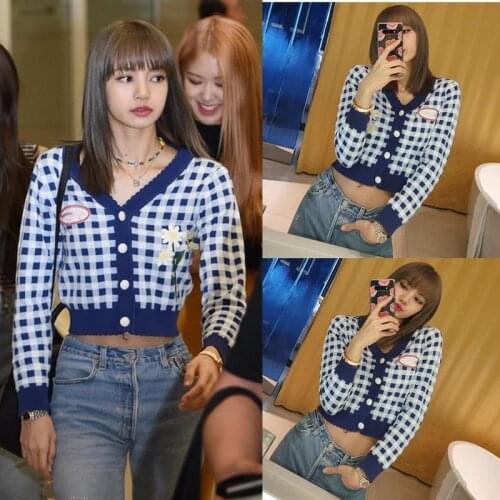 Kpop Korean Celebrity Streetwear Fashion Blue Plaid Cardigan Coat V-neck Sweaters Women Autumn New Loose Short Sexy Button Tops