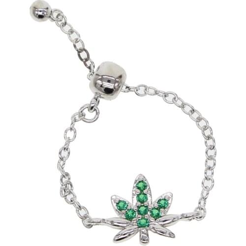 Green cz leaf chain band adjustable resizable fashion cheap wholesale women ring