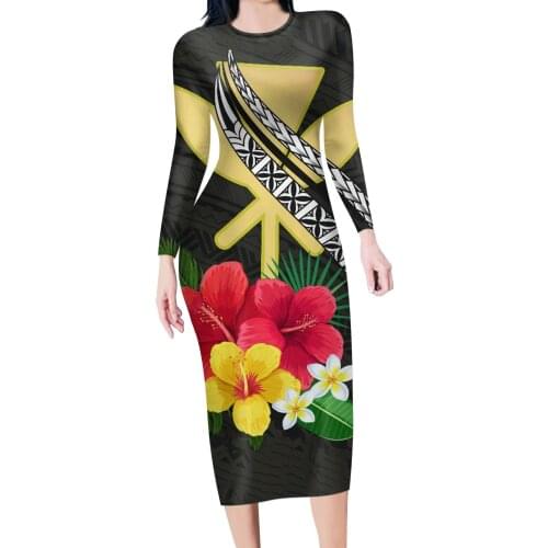 HYCOOL Hawaii Vintage Long Pink Dress Women Long Sleeve Elegant Polynesian Dress 2021 Autumn New Solid O Neck Boho Club Dress