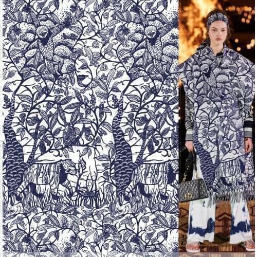 145cm*100cm designer polyester cotton printed fabric blue animal and plant pattern sewing skirt pants fabric by meter