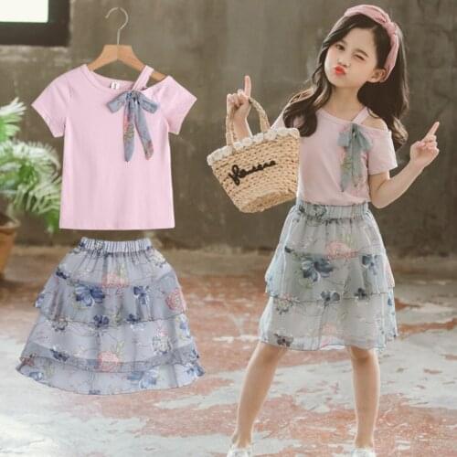 2021 New Summer Teenage Girls Sets Clothing Floral Outfits Kids Clothes Open One Shoulder Tops+Skirts Set Girl Clothes 5-14 Year