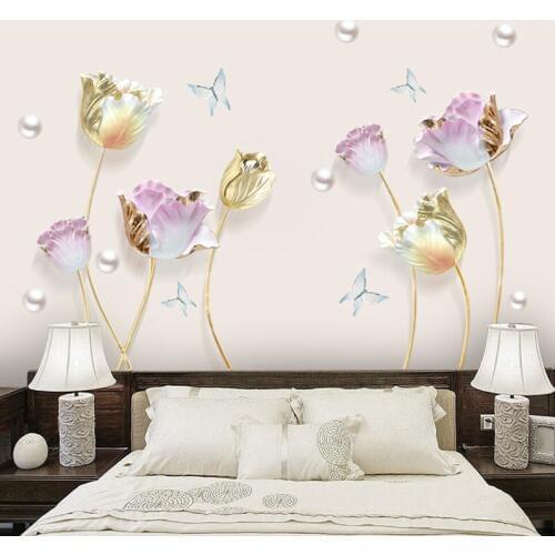 150*110cm Large 3D Tulips Wallpaper Wall Art Stickers Living Room Bedroom Self Adhesive Vinyl Poster Butterfly Home Decor Mural