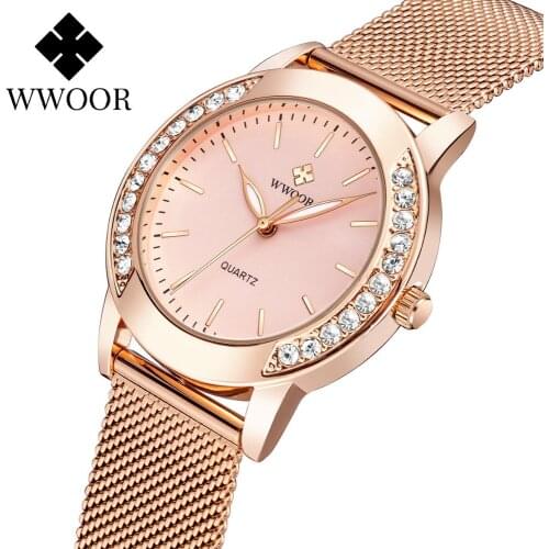 WWOOR Women Watches 2021 New Stylish Rhinestone Watch For Women Top Luxury Rose Gold Ladies Quartz Wrist Watch Relogio Feminino
