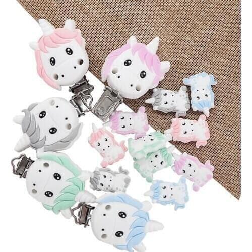 Chenkai 10PCS BPA Free DIY Silicone Unicorn Teether Clip Baby Animal Pacifier Dummy Nursing Soother Sensory Toy Gift Accessories