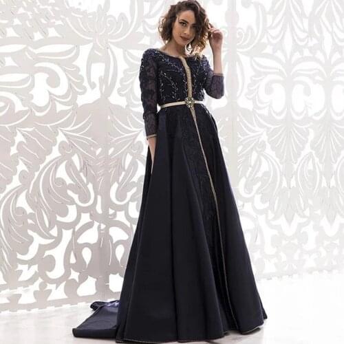 Black Moroccan Kaftan Caftan Muslim Evening Dresses A-line 3/4 Sleeves Appliques Beading Dubai Arabic Turkey Abaya Islamic Gown