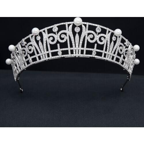 CZ Cubic Zirconia Royal Replica Pearls Tiara for Wedding,Crystal Princess Tiaras Diadem for Girl,Prom,Party Head Jewelry CH10390