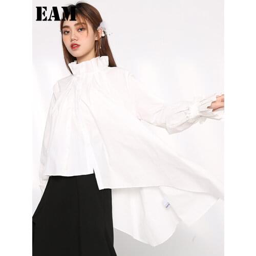 [EAM] Women Irregular White Pleated Long Big Size Blouse New Stand Collar Long Sleeve Shirt Fashion Spring Autumn 2021 1U31400