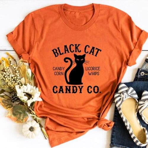Black Cat Candy Halloween Shirt Oversized T Shirt Women Clothes Halloween Shirt Funny Boo Graphic Tees Harajuku