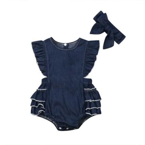 Newborn Kids Rufflfles Bodysuit Playsuit Clothes Sunsuit Toddler Baby Girl Denim Jeans Bodysuits Jumpsuit Headband Outfits Set