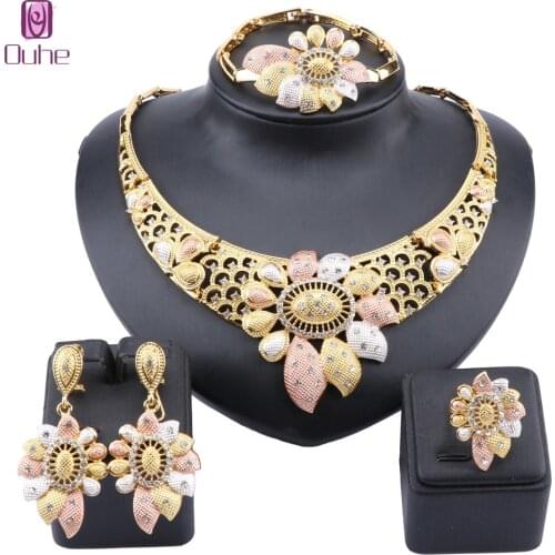African Beads Jewelry Set Women Austrian Crystal Fashion African Dubai Gold Necklace Bangle Ring Earring Jewelry Sets
