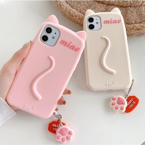 3D Cute Cat Ears tail Phone Case For iphone 12 Pro MAX Case 11 Pro MAX XS MAX XR X 6 7 8 Plus Cartoon Cat paw Pendant Soft Cover