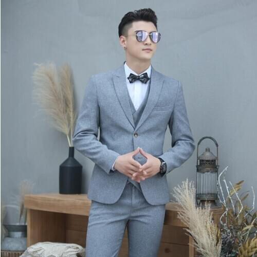 Grey blazer men groom suit set with pants mens wedding suits singer star style stage clothing Three-piece set formal dress