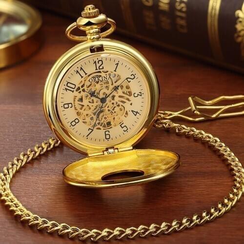 New Arabic Number Open Gold Case Skeleton Mechanical Pocket Watches Old Men Luxury Brand Necklace Pendant Fob Watches Male Clock
