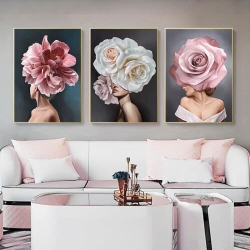 Nordic Style Pink White Flower Lady Posters Abstract Woman Print on Canvas Wall Art Pictures for Home Living Room Decoration