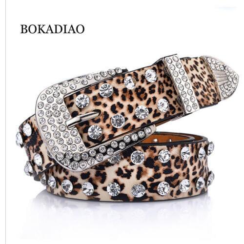 BOKADIAO women belt punk Pin buckle Vintage Leopard print Rhinestone Rivets luxury ladys original leather belts for women jeans