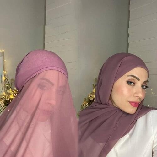 Chiffon Hijab With Bonnet Elastic Rope Cap Bubble Heavy Solid Color Inner Scarf Headband Stretch Hijab Cover Headwrap Turbante