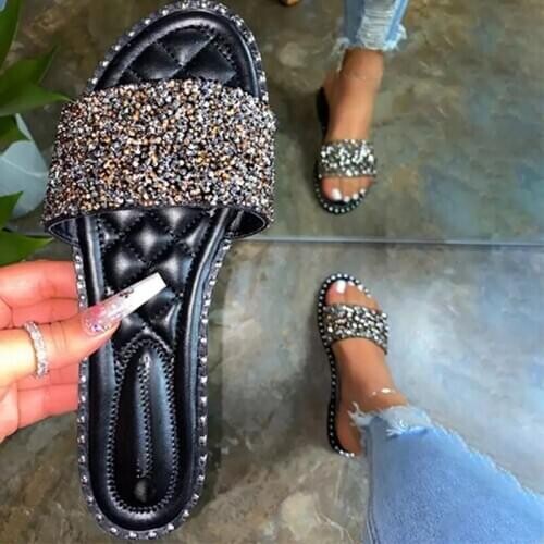 Summer Slippers Shoes Woman Round Head Flat-bottom Ling Rhinestone Slippers Beach Plus Size Crystal Laides Flip Flops Slides