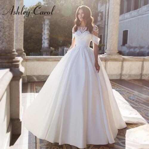 Ashley Carol A-Line Wedding Dress 2020 Elegant Satin Illusion Long Sleeve Scoop Beaded Lace Princess Bride Gown Vestido De Noiva