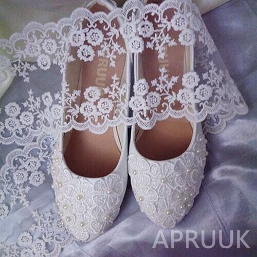 Flats lace shoes for woman white lace bridal bride wedding shoes small big size 34-42 ladies party ceremony flats pearls shoes