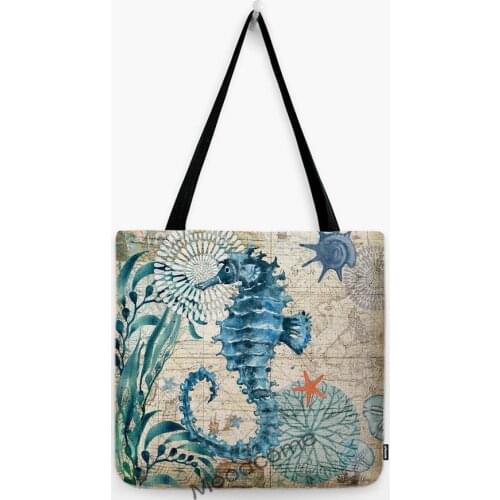 Aquatic Life Turtle Seahorse Vintage Octopus Wildlife Starfish Coral Crab Marine Shoulder Carrying Bag Large Shopper Tote Bag