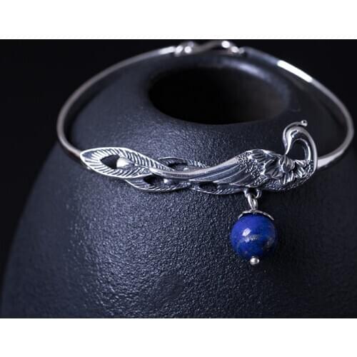 VLA 925 Silver Classic Black Peacock Bracelet Womens Retro Creative Design Lapis Lazuli Phoenix Bracelet Birthday Gift