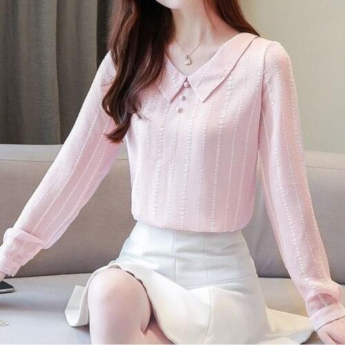 Women Spring Autumn Style Striped Chiffon Blouses Shirts Lady Casual Elegant Korean Turn Down Collar Long sleeve Blusas Tops