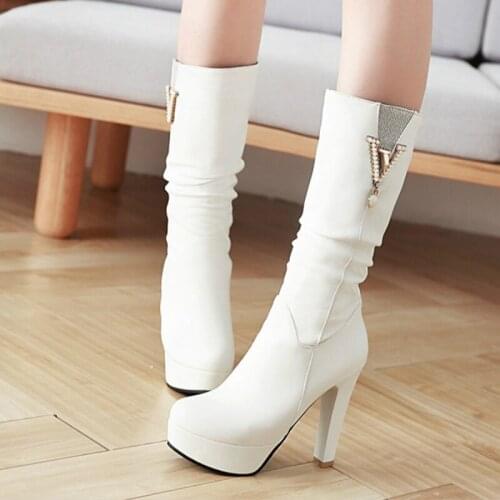 Elegant Pink White Mid-calf Boots Women 2021 Winter Platform Boots Ladies slip-on Luxury High Heels Party Shoes Woman