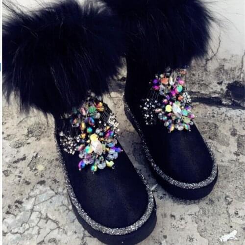 2019 Winter Handmade Large Rabbit Gemstones Sequins Raise Thick crust Leather Snow boots Women