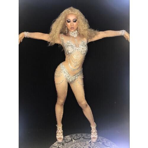 Sparkly Crystals Jumpsuit Costume Bling Big Stones Rompers Women Outfit Diamonds Bodysuit Party Celebrate Occasion Wear