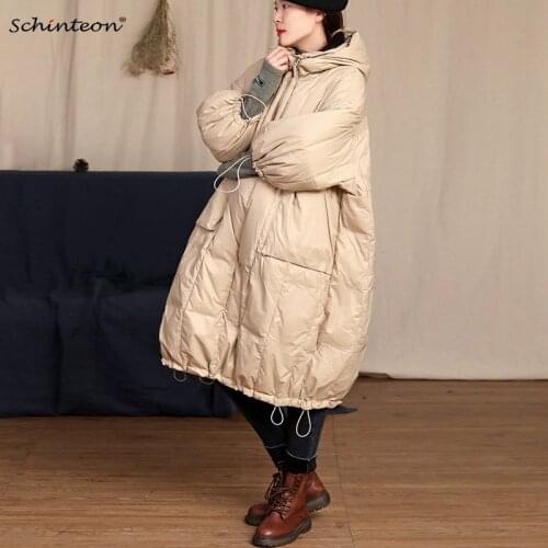 Schinteon Women 90% White Down Long Jacket Loose Over Size Hoodies Coat with Hood Autumn Winter Three Quarter Sleeve Outwear