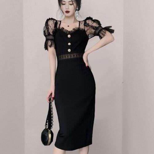 Korean Temperament Sexy Lace Patchwork High Waist Bodycon Pencil Dresses Summer Elegant OL Puff Sleeve Slim Waist Sheath Dress