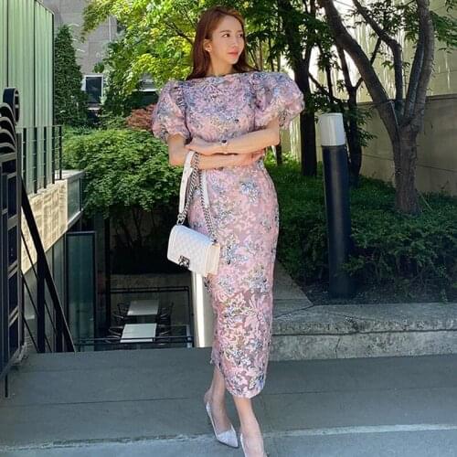 Fashion Summer Korean Casual Midi Streetwear Dress Ladies Elegant Retro Puff Sleeve Sweet Floral French Romantic Vacation Dress