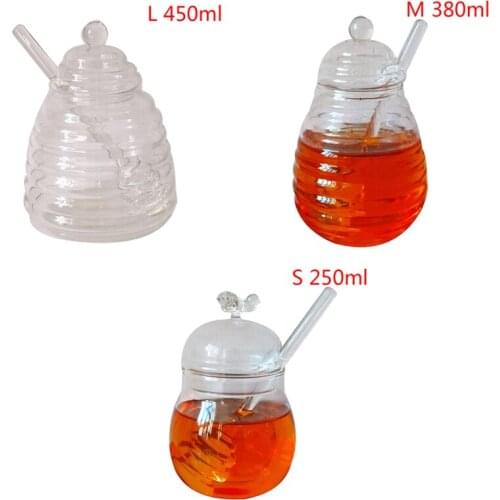 1Pcs Honey Jar with Dipper and Lid Transparent Glass Honey Container Honey Pot