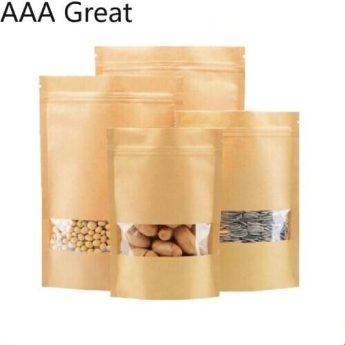 100Pcs/Lot Kraft Paper Bag Stand Up Kraft Paper Packaging Nuts Bags Party Wedding Marriage Candies Food Window Package Pouches