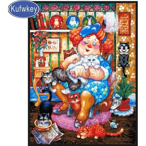 5D DIY diamond painting Cartoon fat lady and cats cross stitch diamond embroidery mosaic full square round drill portrait art