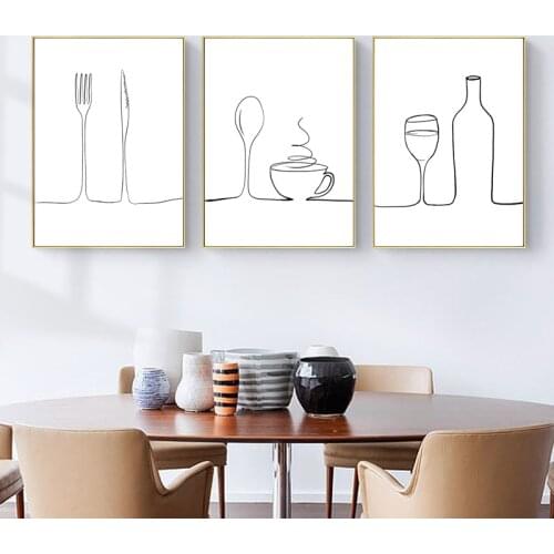 Kitchen Utensils Tableware Black White Line Pattern Abstract Wall Art Canvas Painting Nordic Posters Prints Picture Decoration