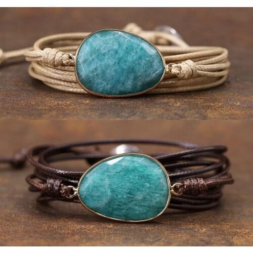 Natural Amazonite Stone Bracelet Wrap Bangle Wristband Rope Bracelet Ethnic Multi Layers For Friends Party Birthday Gifts