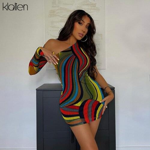KLALIEN Fashion Sexy Hollow Out One Shoulder Print Striped Bodycon Dress For Women Autumn New Streetwear Stretch Activewear