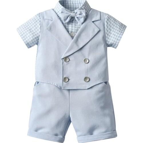 Gentleman Infant Baby Boys Clothes Sets Plaid Print Bow Tie Short Sleeve Single Breasted Tops Shorts