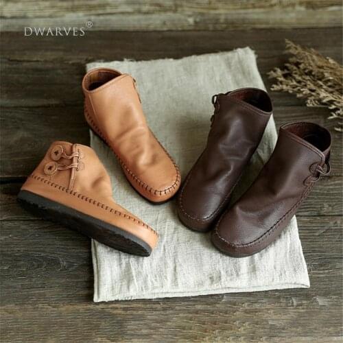 Retro Handmade Leather Ankle Booties For Women Low Heel Winter Casual Boots Yellow/Brown/Coffee