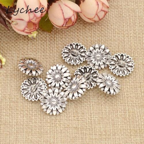 Lychee 10pcs Creative Antique Silver Flower Sunflower Shank Metal Buttons For Decoration Crafts Women Clothes Button