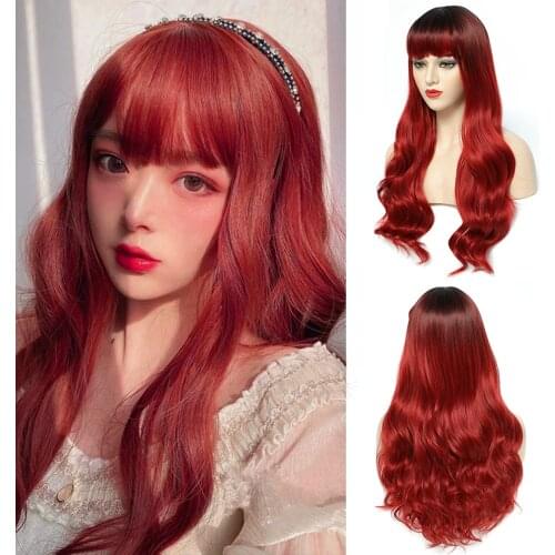 MIMO Long Wave Wig With Bangs Red Wine Pink Synthetic Hair Wigs Cosplay Lolita For Woman Heat Resistant Fiber Wig