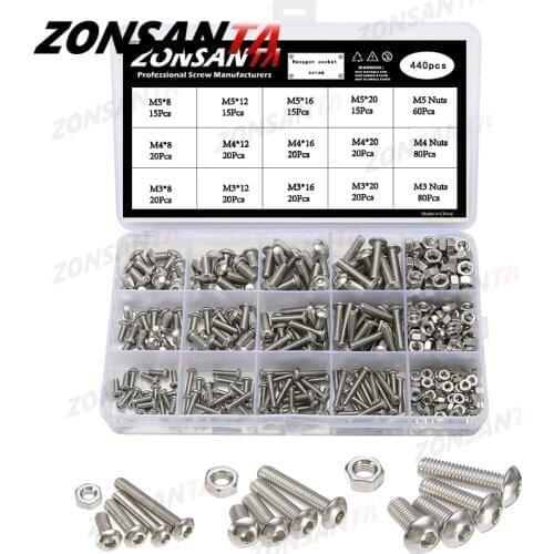 ZONSANTA 440pcs Bolts and Nuts Set M3 M4 M5 Stainless Steel Hex Socket Button Head Cap Screws Bolts Nuts Assortment Kit Screw