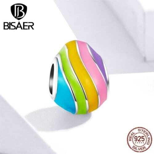 Easter Eggs Beads BISAER 925 Sterling Silver Rainbow Enamel Easter Egg Charms for Bracelets Original Silver 925 Jewelry EFC223