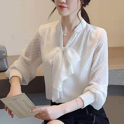 DANCING WINGS New Spring Summer White Long Sleeve Floating Point Tops Fashion Leisure Chiffon Shirt Bow Office Ladies Blouse